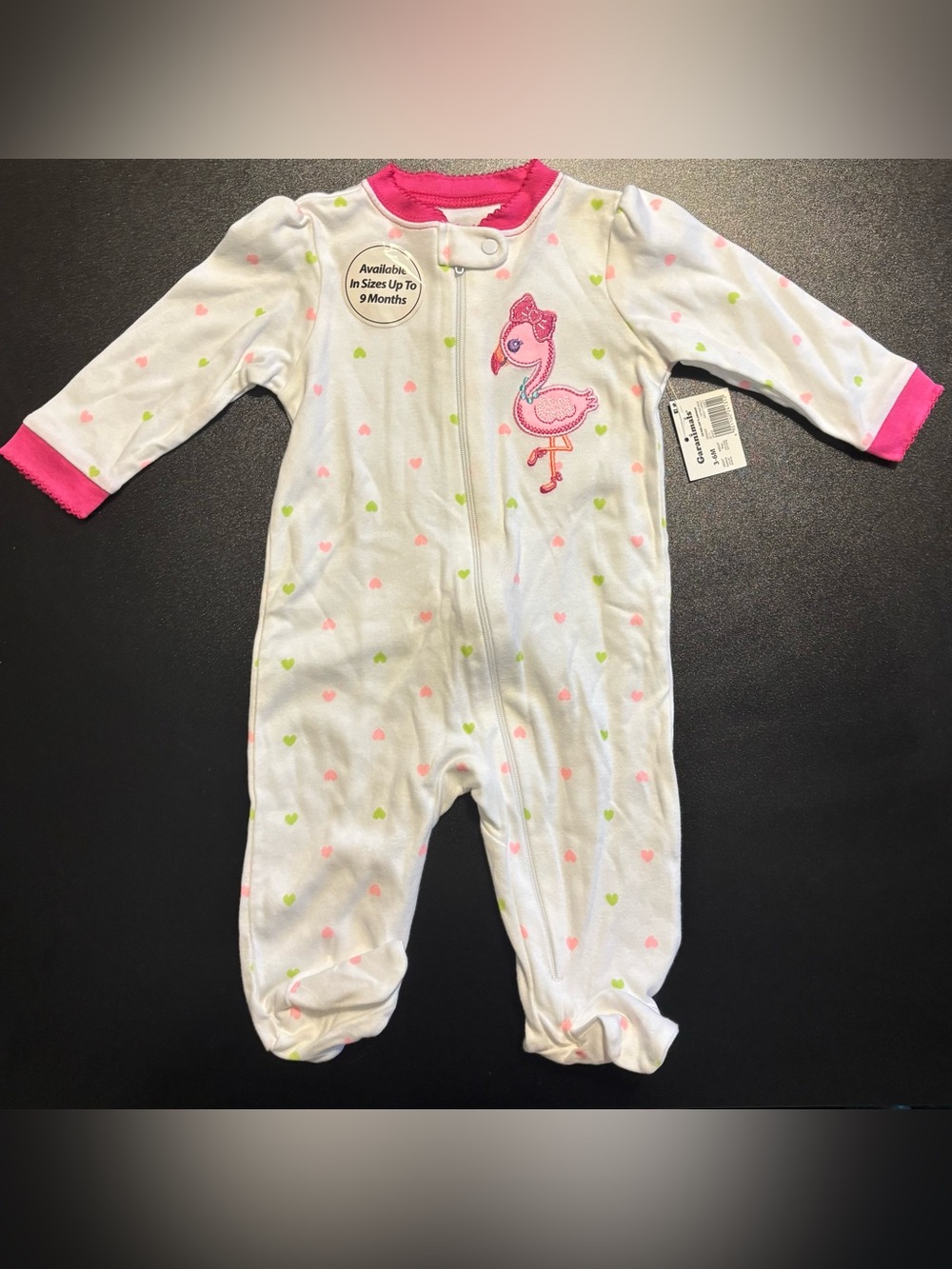 Baby One-Piece Footed Sleeper with Pink Flamingo Embroidery - White/Pink nwt